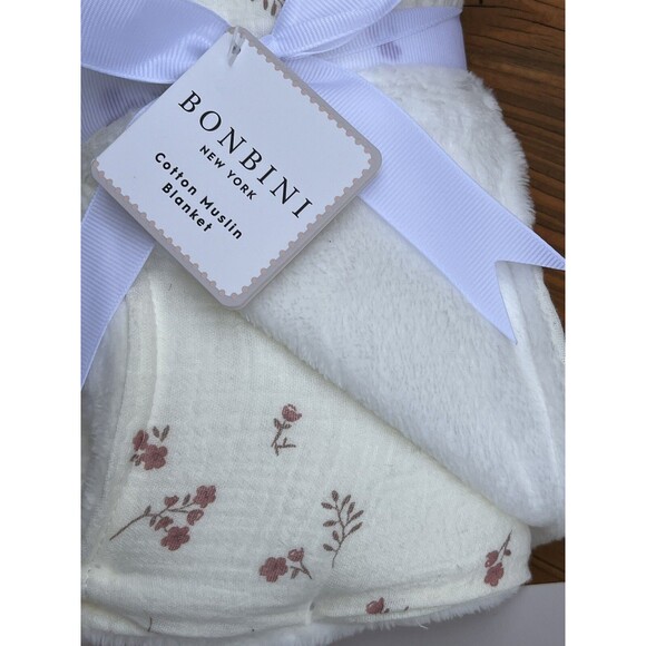 BONBINI Cotton Muslin Baby Blanket Stepping Stones Tiny Flowers Ivory Reversible - Picture 4 of 6
